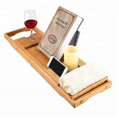 Expandable Bathtub Tablet adjustable Bamboo Table Caddy